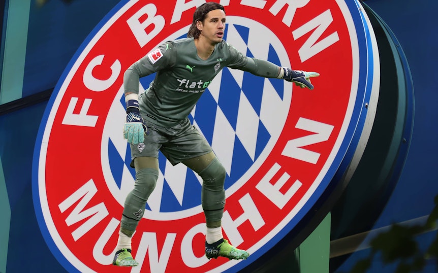 Die Fotomontage vom 18. Januar 2023 zeigt es an: Yann Sommer wechselt von Borussia Mönchengladbach zu Rekordmeister Bayern München. Der Transfer-Deal zwischen den beiden Traditionsklubs ist perfekt und soll alsbald offiziell verkündet werden. Zu sehen ist im Vordergrund Yann Sommer, dahinter ein riesiges Bayern-Logo.