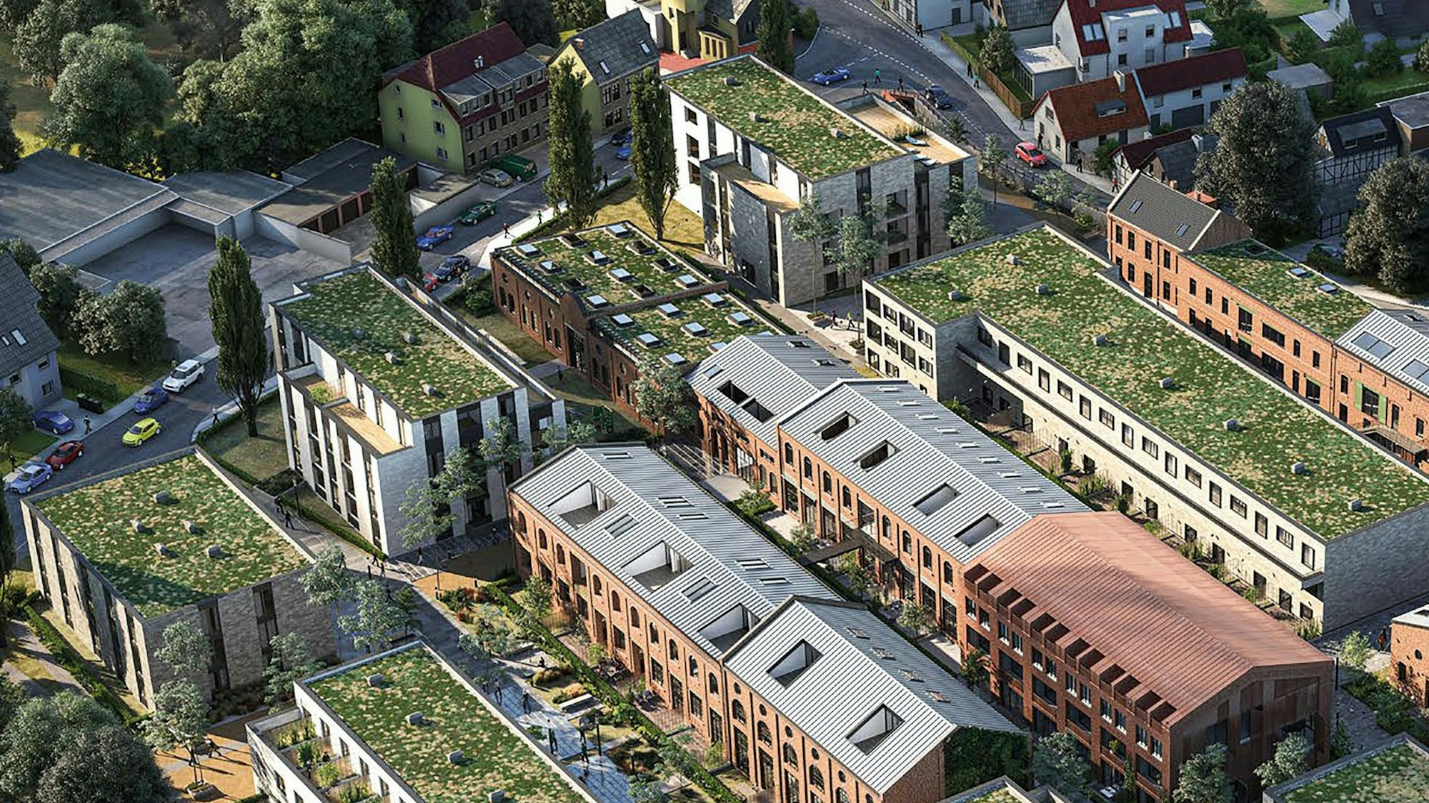 Mehrere Wohngebäude mit teilweise grünen Flachdächern sind im Modell zu sehen.