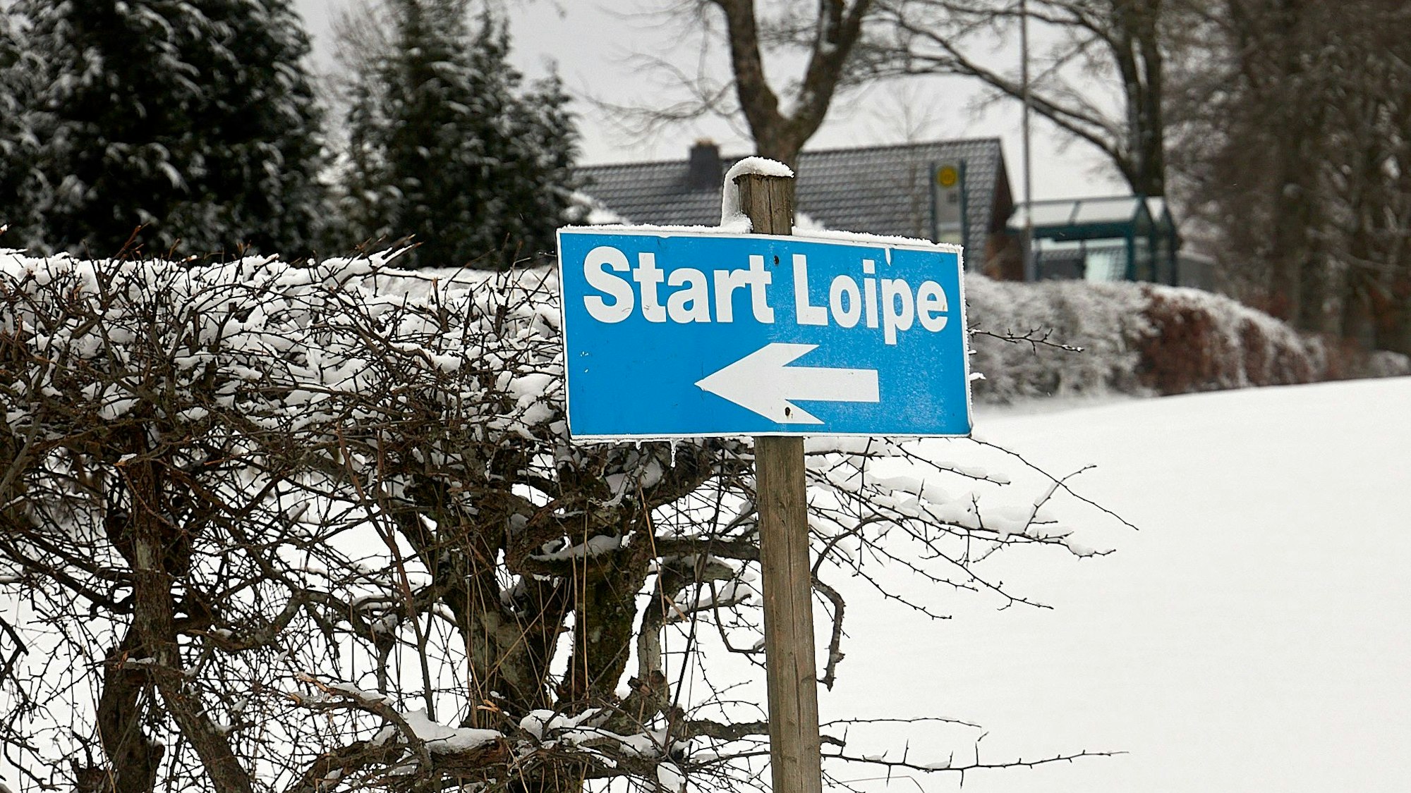 Auf einem blauen Schild steht Start Loipe.