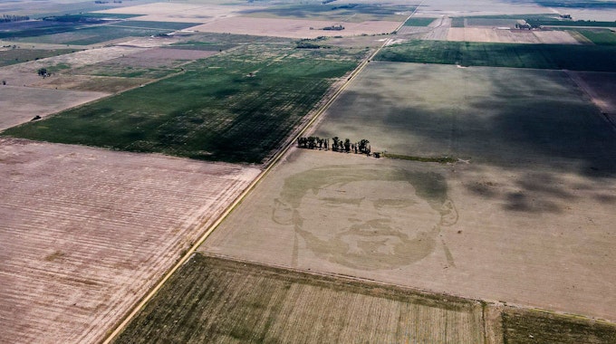 Ein Kornfeld aus Argentinien zeigt das Porträt von Lionel Messi, das aus Maispflanzen entstanden ist.