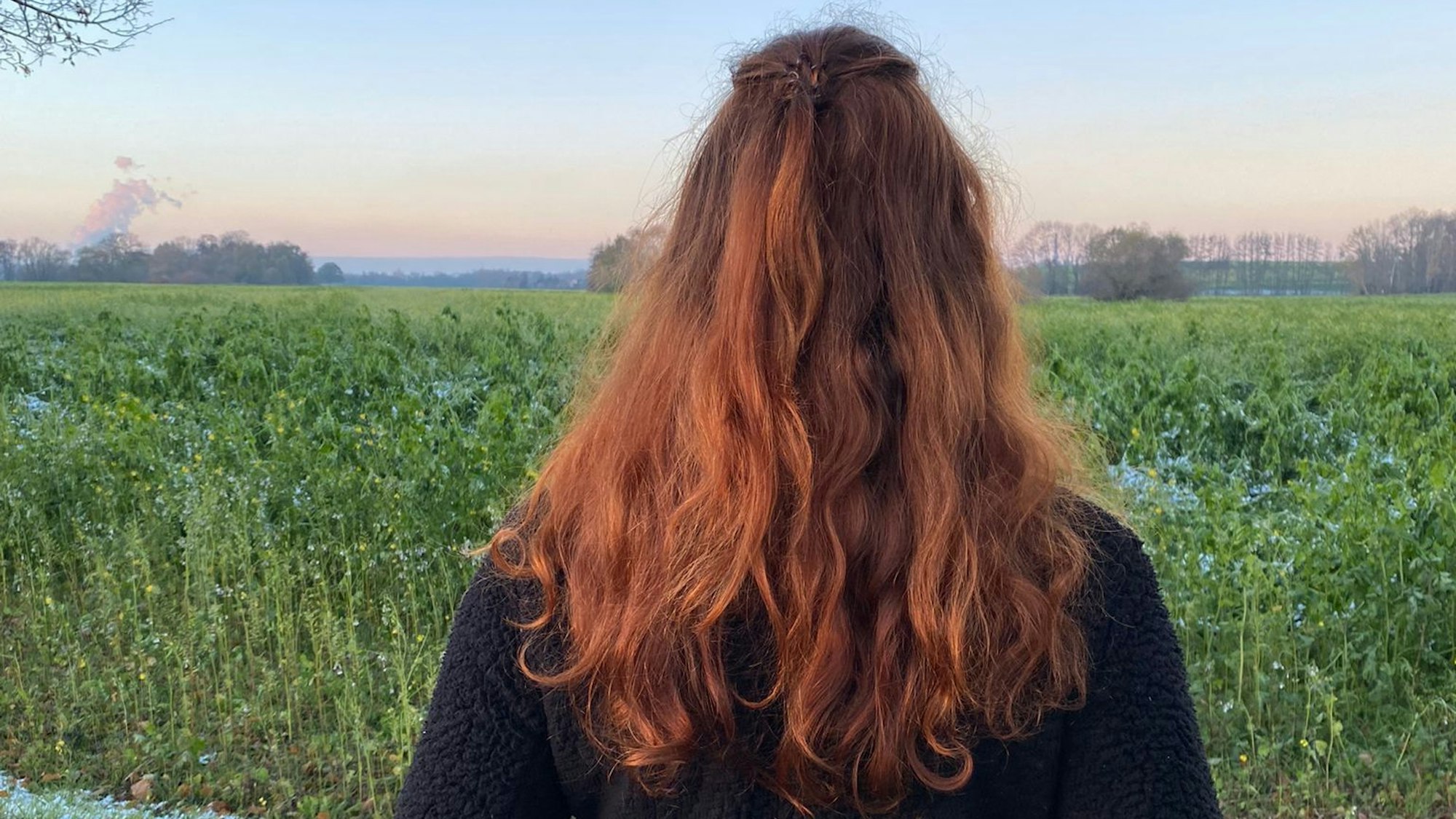 Emma Pollmann blickt auf eine Wiese. Das Foto ist von hinten aufgenommen, man sieht nur ihre langen, rotbraune Haare.