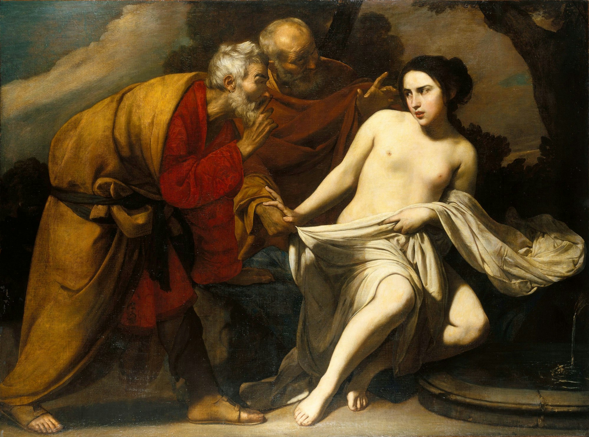 Auf Massimo Stanziones Gemälde „Susanna und die beiden Alten“ sieht man zwei ältere Männer, die eine kaum bekleidete Frau bedrängen.