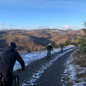 Drei Fahrradfahrer sind von hinten zu sehen, wie sie über einen Schotterweg mit ihren Mountainbikes einen Berg runter fahren.