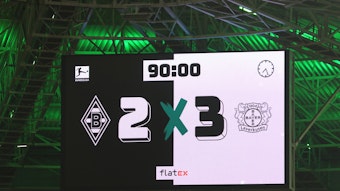 Die Anzeigetafel nach dem 2:3 zwischen Borussia Mönchengladbach und Bayer Leverkusen am 22. Januar 2023.