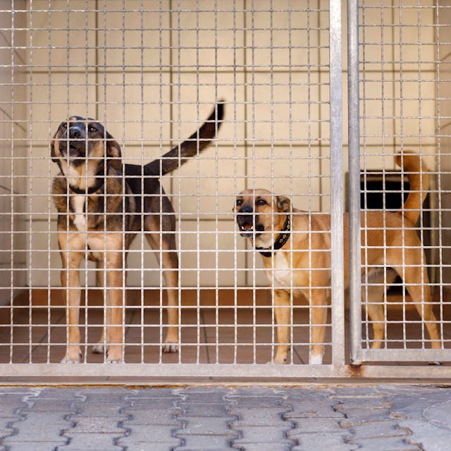Hunde stehen hinter einem Gitter.