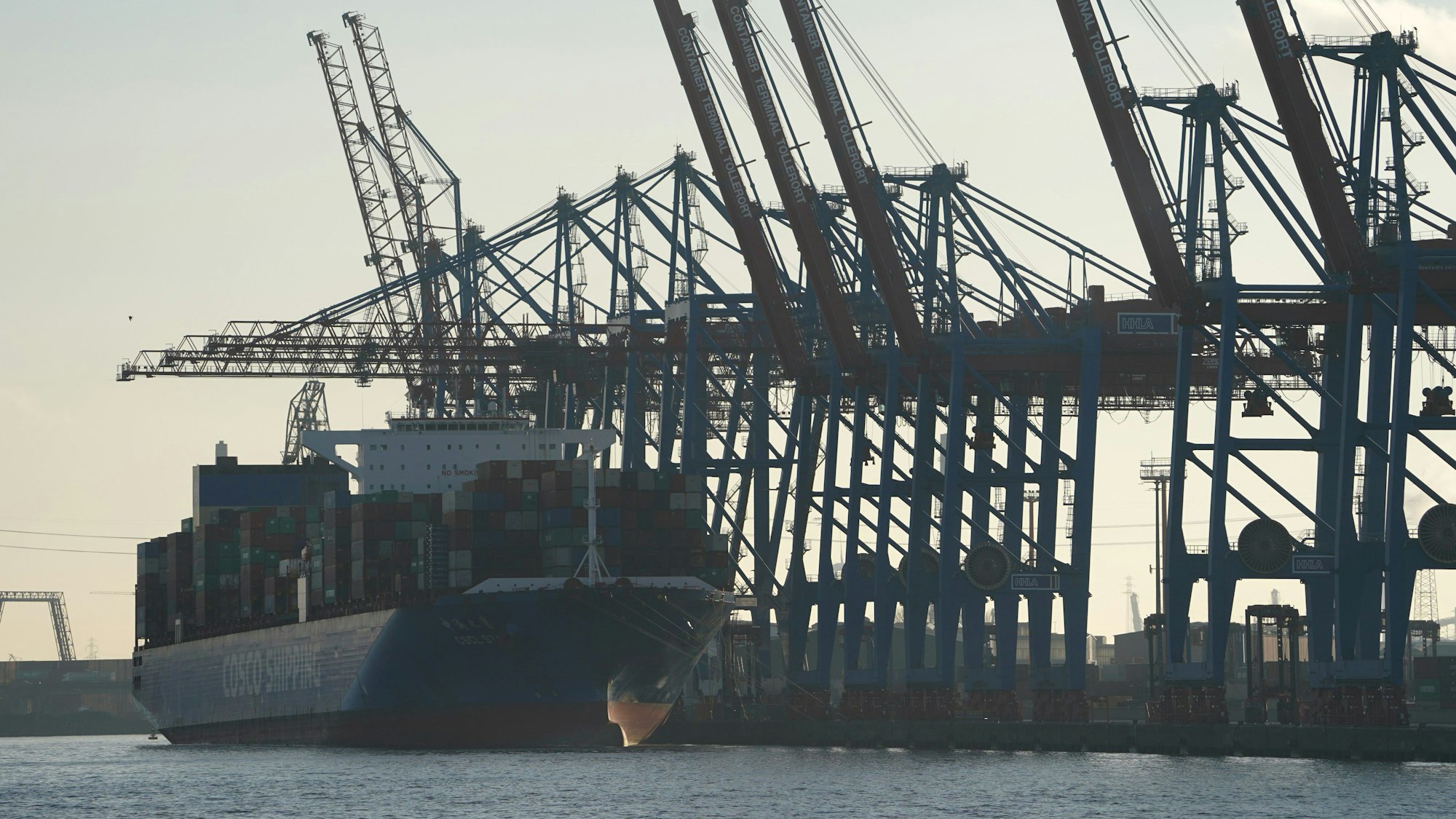 Ein Containerschiff der Reederei Cosco Shipping wird am Container Terminal Tollerort im Hafen be- und entladen.