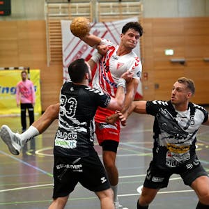 Ein Handballer wird beim Wurfversuch von seinem Gegenspieler am Trikot gehalten.&nbsp;