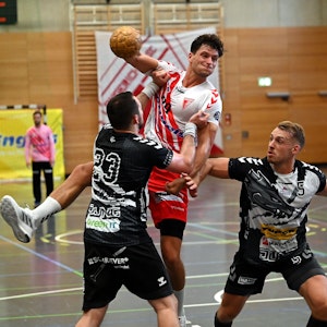 Ein Handballer wird beim Wurfversuch von seinem Gegenspieler am Trikot gehalten.