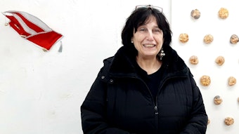 Ellen Loh-Bachmann zwischen Narrenkappe und auf einer Wandtafel befestigten Brötchen.