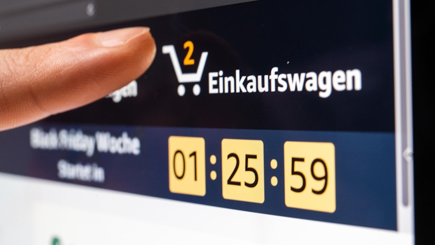 Das undatierte Foto zeigt die Online-Shopping-Plattform Amazon und einen virtuellen Warenkorb, in dem sich zwei Produkte befinden.