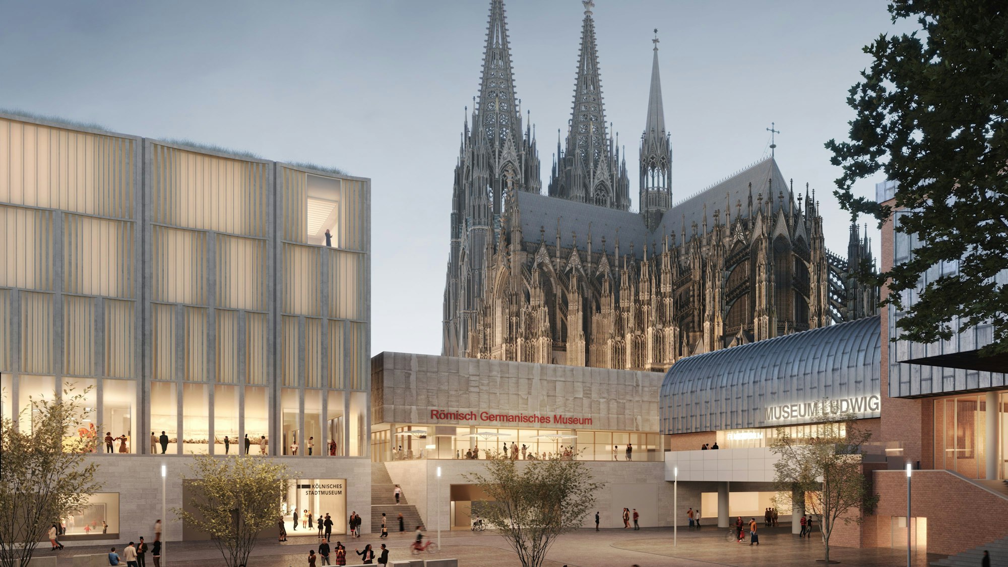 Die Visualisierung zeigt, wie die „Historische Mitte“ Kölns in wenigen Jahren aussehen sollte. Links das neue geplante Stadtmuseum.
