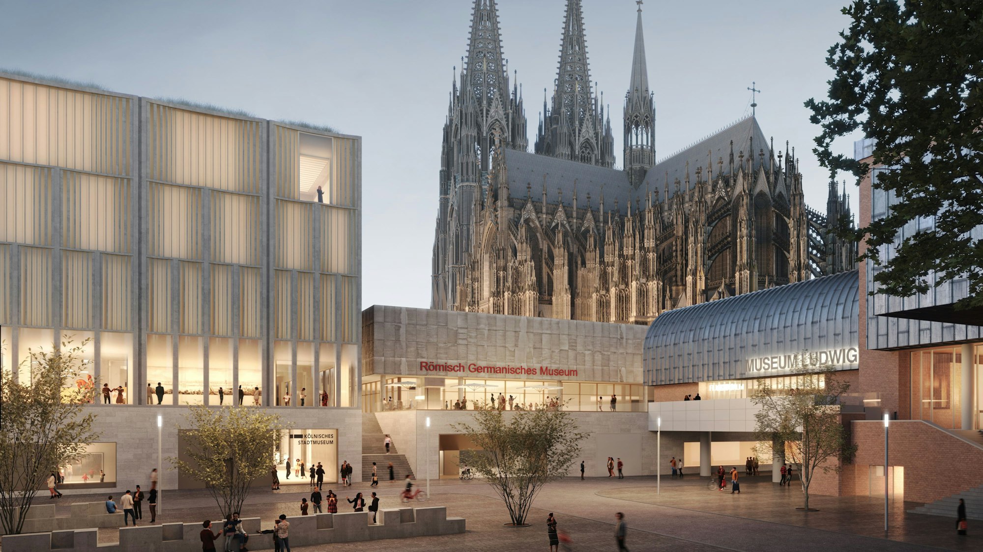 Die Visualisierung zeigt, wie die Historische Mitte Kölns in wenigen Jahren aussehen soll, links ist das geplante neue Stadtmuseum zu sehen.