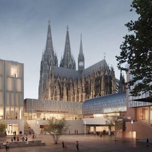 Eine Visualisierung zeigt das viergeschossige Stadtmuseum, das neben dem römisch-germanischen Museum entstehen soll. Im Hintergrund der Kölner Dom.