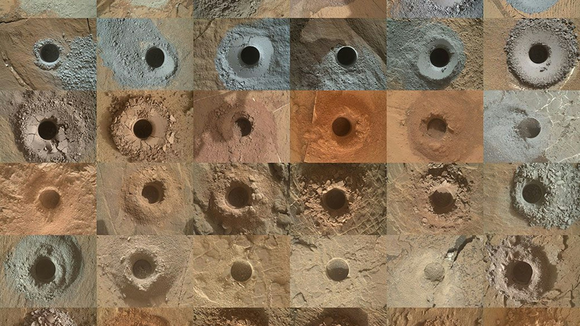 Eine Aufnahme von Bohrungen des Mars-Rovers „Curiosity“, bereitgestellt von der Nasa. Der Mars-Rover hat bei einer Bohrung Opale gefunden.