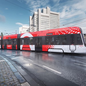 Fotomontage mit einer neuen Niederflurbahn vom Typ Skoda T41 für Bonn