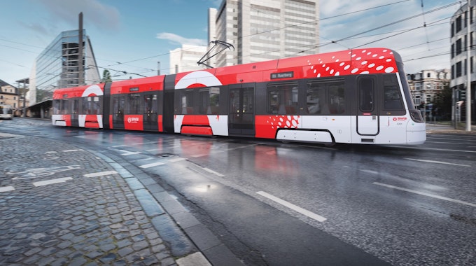 Fotomontage mit einer neuen Niederflurbahn vom Typ Skoda T41 für Bonn