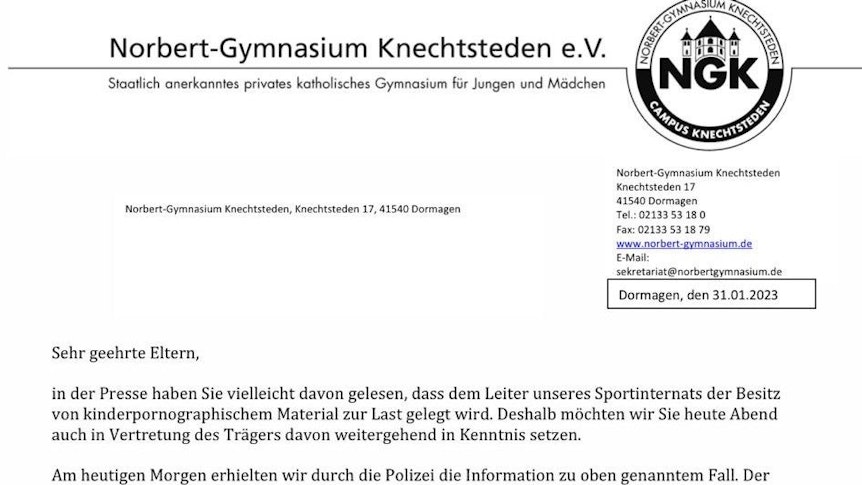 Brief des Norbert-Gymnasiums Knechtsteden in Dormagen.