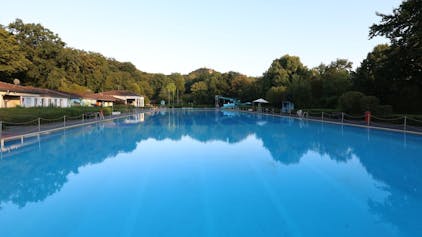 Ein großes Schwimmbecken mit blauem Wasser, im Hintergrund stehen Bäume.&nbsp;