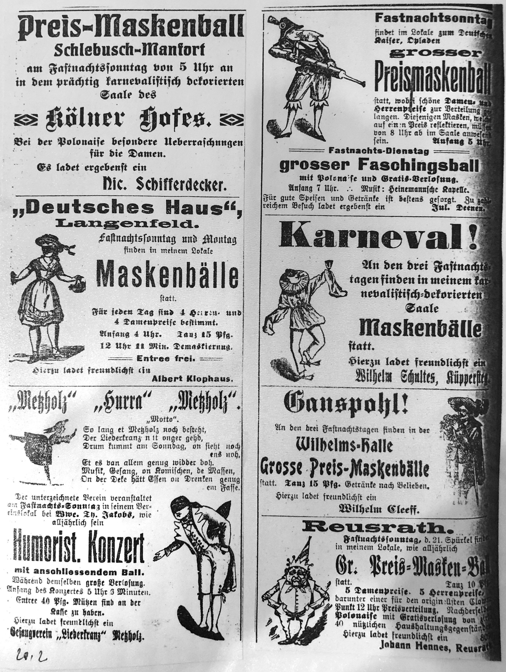 Zeitungsanzeigen zum Karneval 1909 im Generalanzeiger Wiesdorf