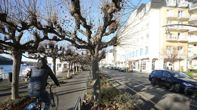 Ein Radfahrer fährt in der Altstadt von Königswinter an der Rheinpromenade entlang. Rechts daneben fährt ein blaues Auto über die Rheinallee.