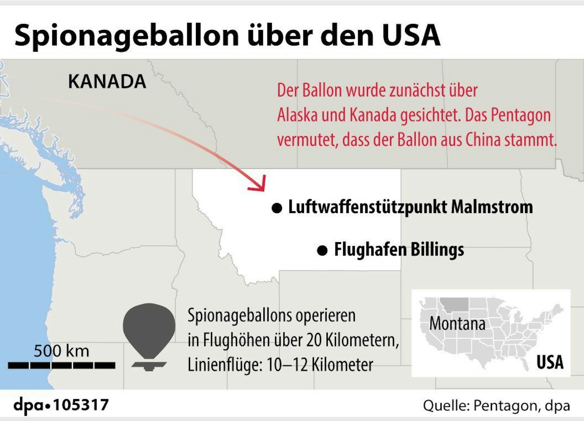 Die Karte zeigt verschiedene Orte in Kanada und den USA, wo ein chinesischer Spionageballon gesichtet wurde.