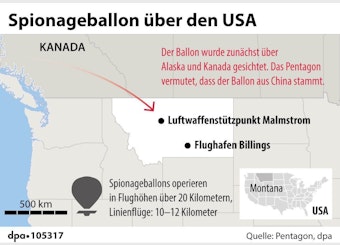 Die Karte zeigt verschiedene Orte in Kanada und den USA, wo ein chinesischer Spionageballon gesichtet wurde.