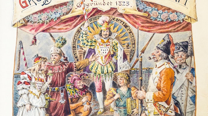 Bunte Zeichnungen des Dreigestirns und dem jecken Volk zieren das Titelblatt des Goldenen Buches von Bauer und Jungfrau des Jahres 1898