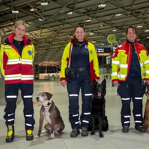 Frau Boysen, Frau Lambert und Frau Pilger mit ihren Personensuchhunden. Rettungskräfte mit Suchhunden checken am Flughafen ein um Erdbebenopfer in der Türkei zu helfen.