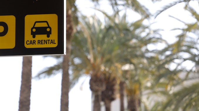 Ein Mietwagenschild mit der Beschriftung „Car Rental“ hängt vor einer Palmen-Allee.