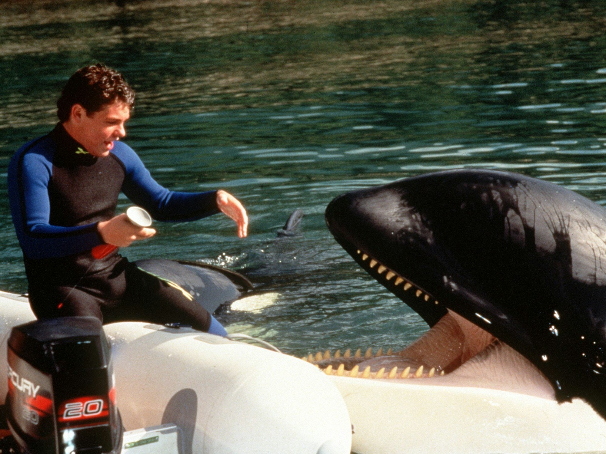Szene aus dem Kinofilm "Free Willy" mit Jason James Richter als Jesse und seinem Freund, dem Orca-Wal Willy.