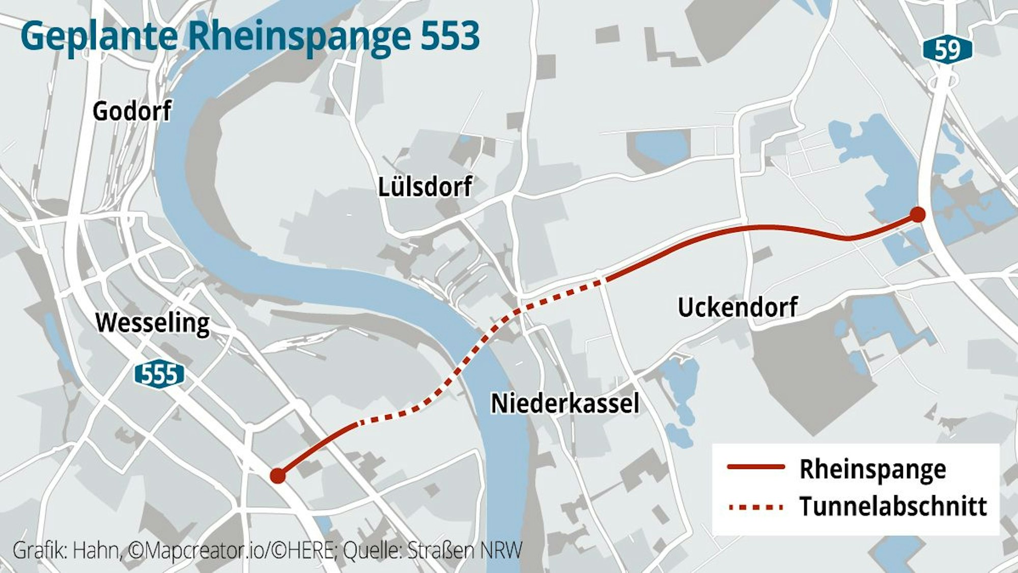 So soll der Tunnel der geplanten Rheinspange zwischen A555 und A59 verlaufen.