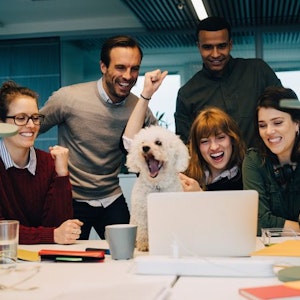 Aufgeregtes Business team mit Bürohund im Office