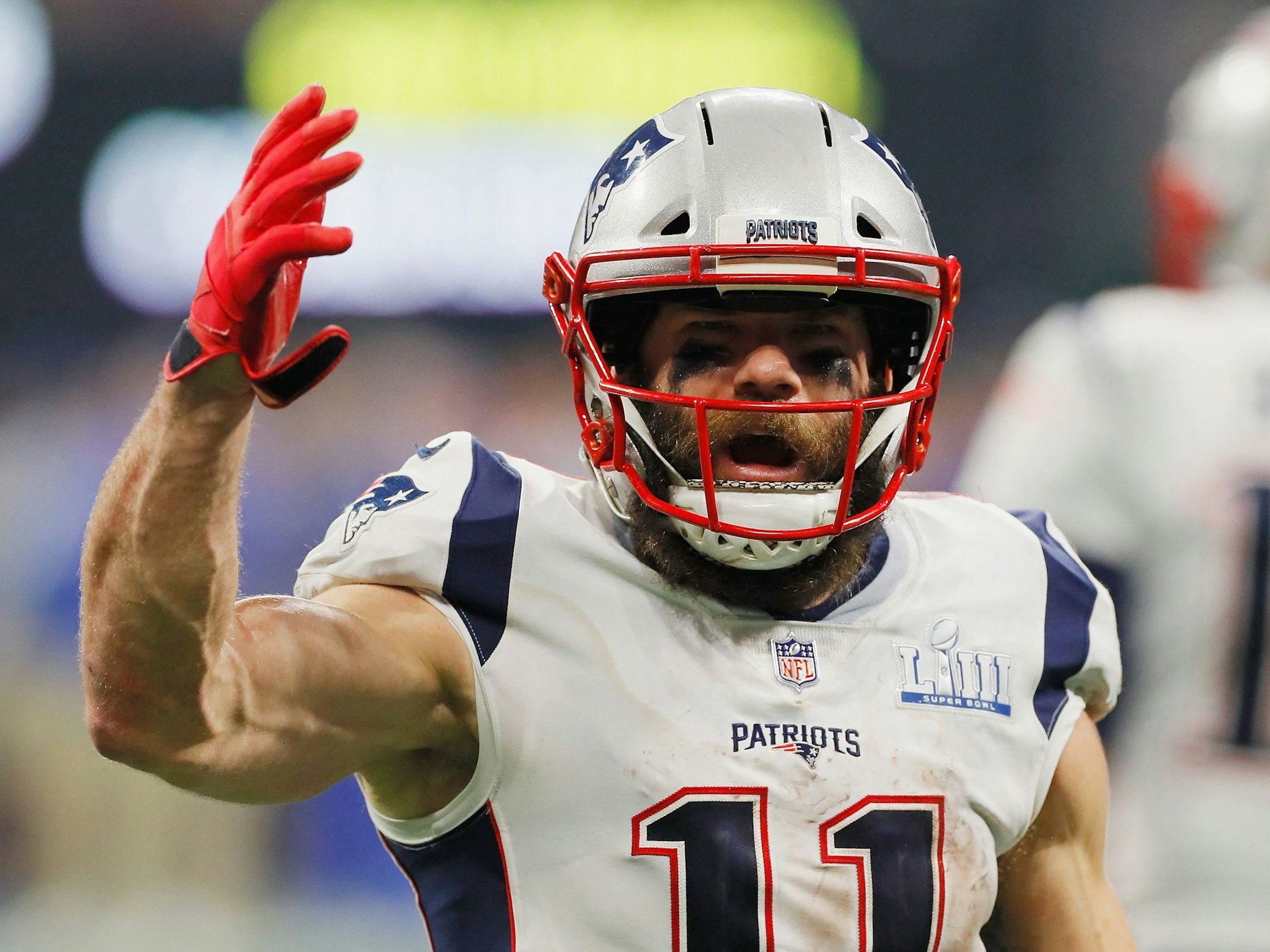 Julian Edelman, die Nummer 11 der New England Patriots reagiert verärgert beim Super Bowl am 3. Februar 2019 gegen die Los Angeles Rams.