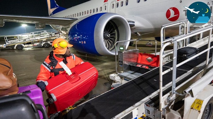 Ein Mitarbeiter der Gepäckabfertigung wuchtet einen roten Koffer auf ein Förderband. Im Hintergrund ist ein Flugzeug zu sehen.&nbsp;