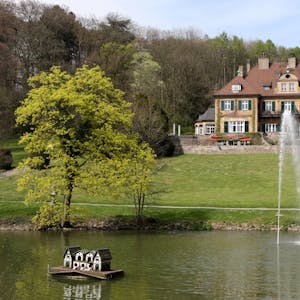 Schloss Lerbach mit Grünanlage und Gewässer davor.
