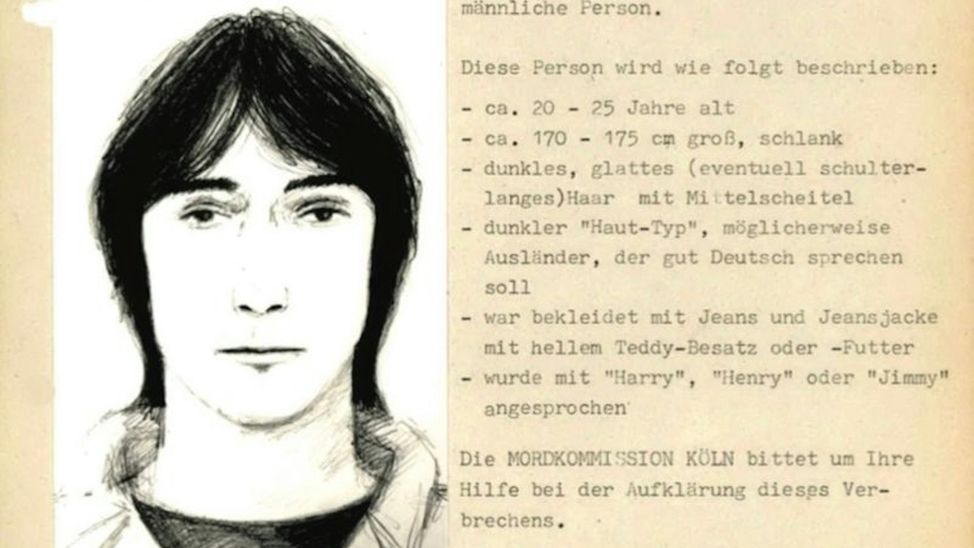 Fahndungsplakat nach dem versuchten Raubmord 1987 in Köln-Ehrenfeld