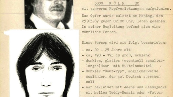 Mit einem Fahndungsplakat, auf dem ein Phantombild eines Mannes mit mittellangem, schwarzem Haar zu sehen ist, hat die&nbsp;Polizei nach dem versuchten Raubmord 1987 in Köln-Ehrenfeld den Täter gesucht.