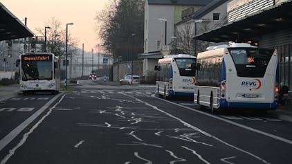 Drei Busse stehen an einem Busbahnhof.