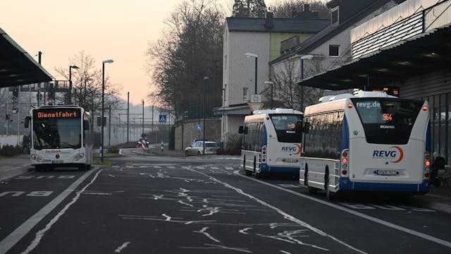 Busse stehen am frühen Morgen an einem Busbahnhof.