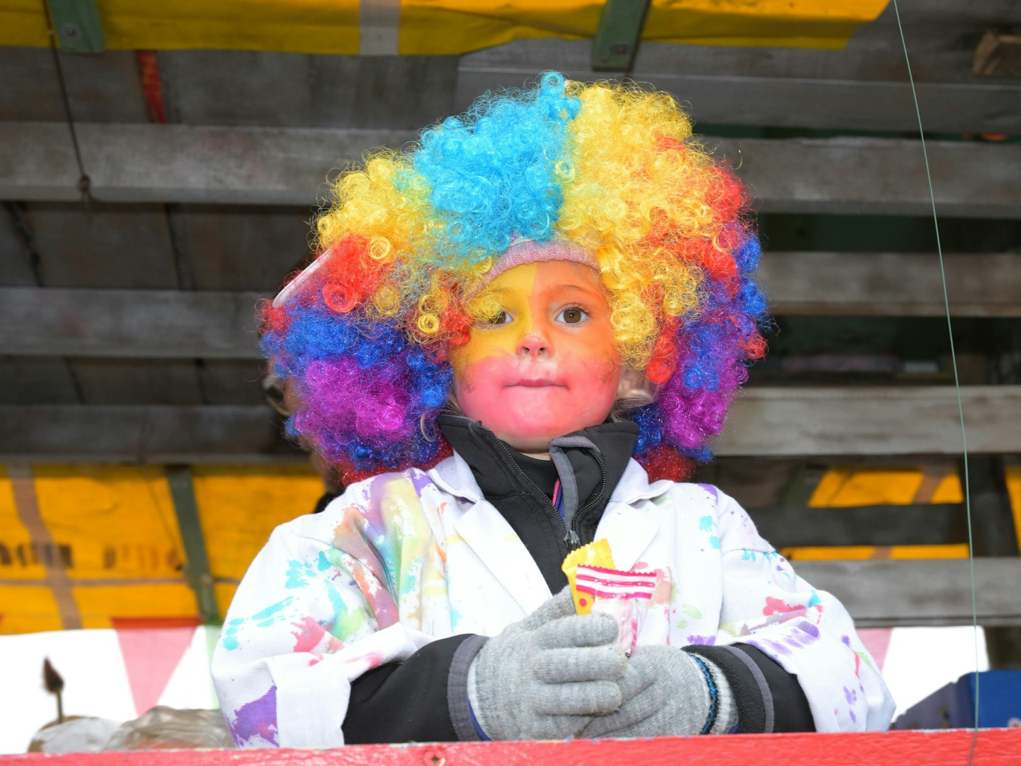 Ein Junge mit bunter Perrücke auf einem Karnevalswagen.