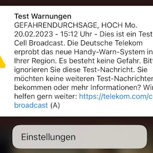Screenshot von der Testwarnung an Rosenmontag durch die Telekom.