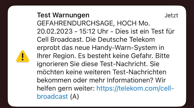 Screenshot von der Testwarnung an Rosenmontag durch die Telekom.