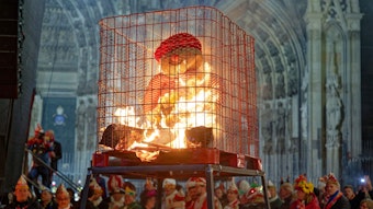Karnevalisten beobachten die „Nubbel-Verbrennung“ vor dem Kölner Dom.