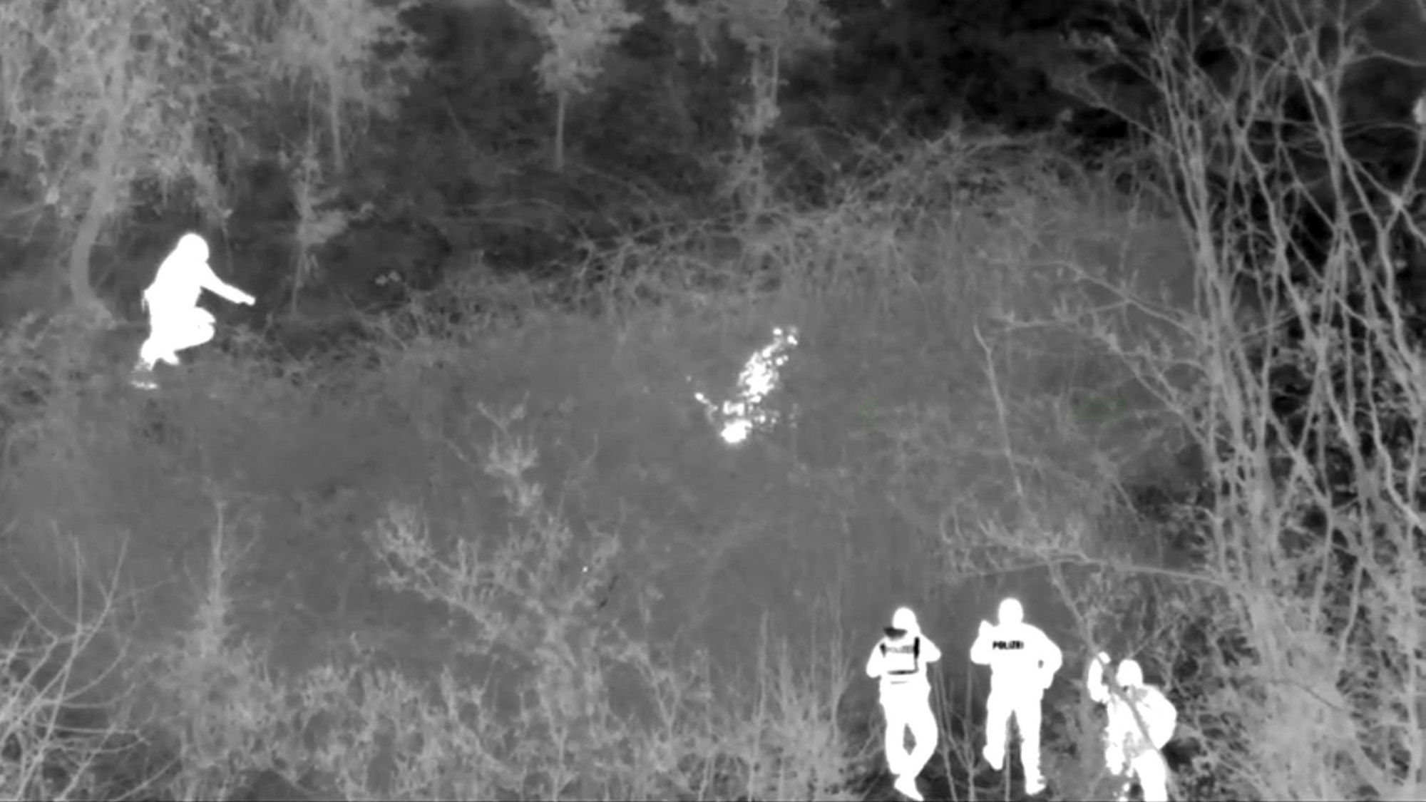 In einem Schwarz-Weiß-Wärmebild sind Polizisten und ein offenbar im Gebüsch versteckter Gesuchter zu sehen.