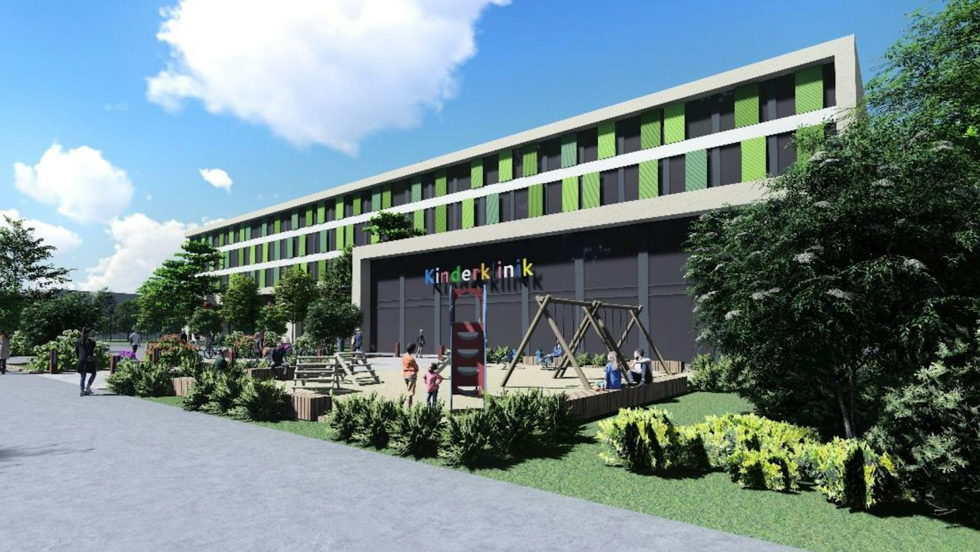 Visualisierung des geplanten Neubaus der Kinderklinik auf dem Gesundheitscampus Merheim.