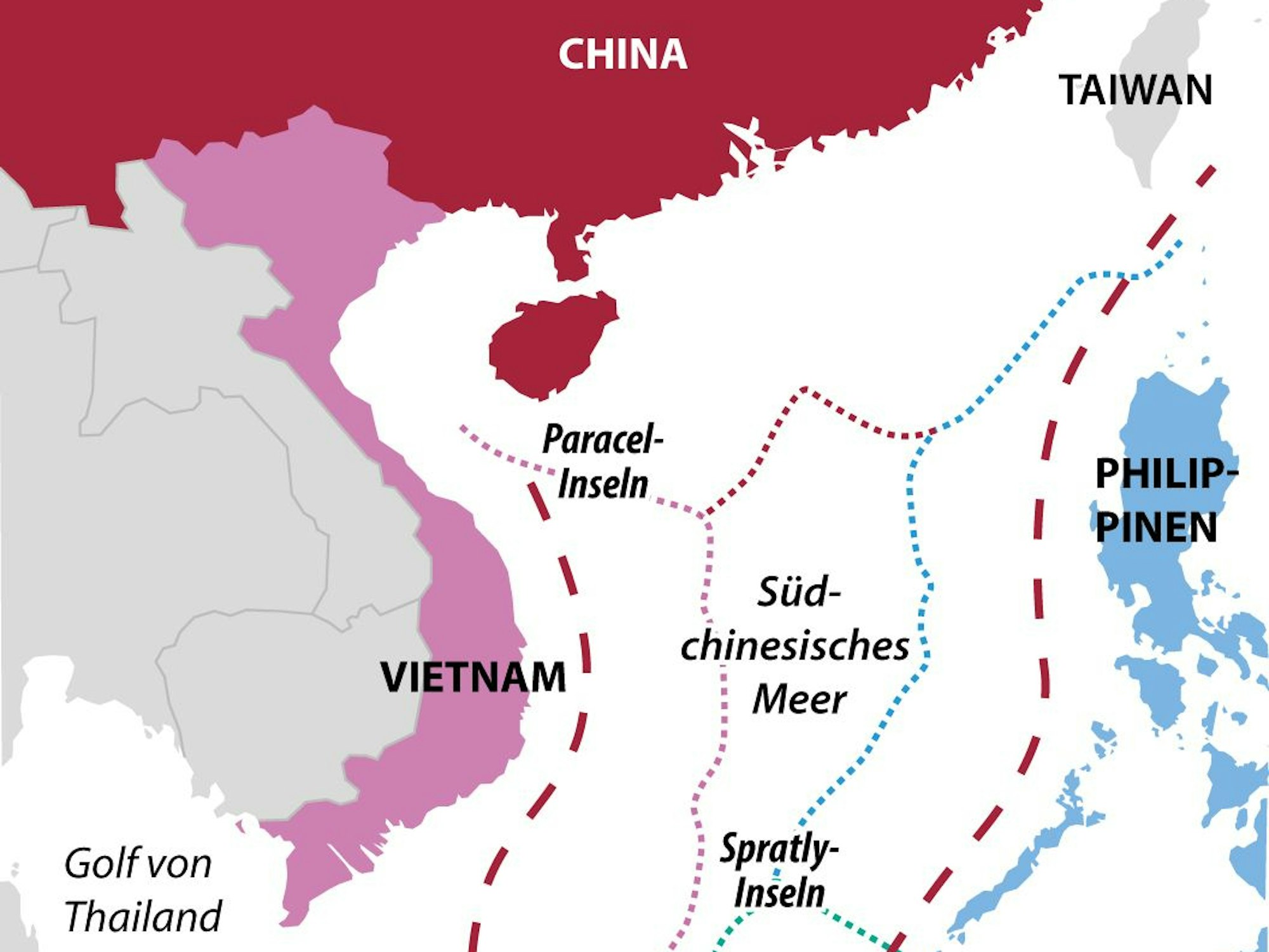 Auf der Karte sieht man das Südchinesisches Meer. Es liegt zwischen China, Taiwan, Brunei, Malaysia und den Philippinen.