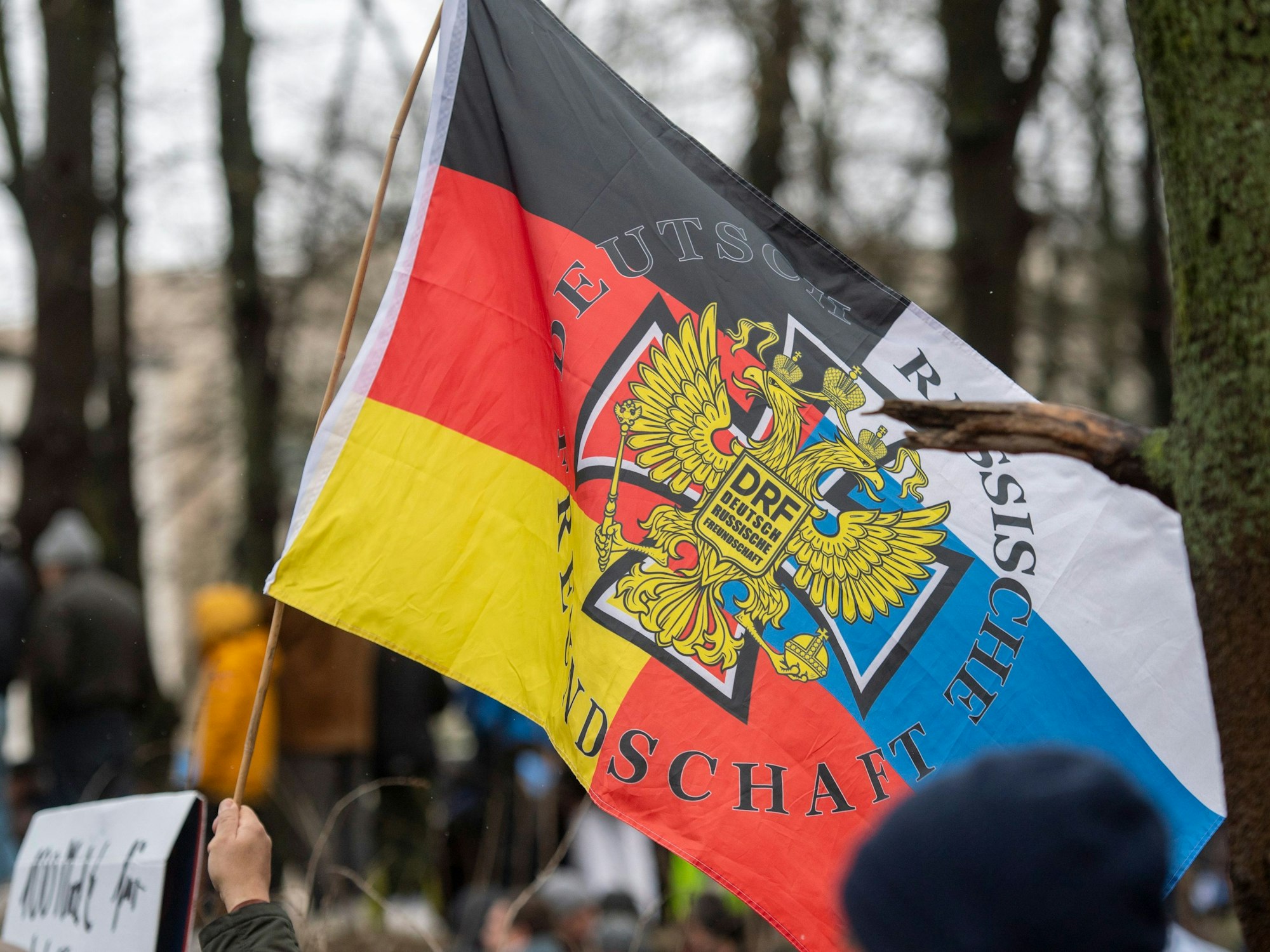 Ein Teilnehmer einer Demonstration für Verhandlungen mit Russland am Brandenburger Tor trägt eine Flagge mit Deutschen und Russischen Farben.