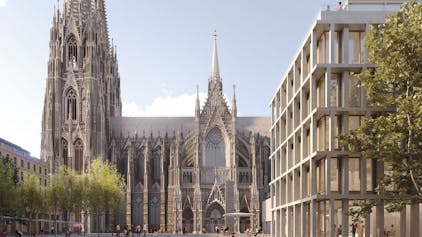 Das Bild zeigt den Blick auf den Kölner Dom und den Roncalliplatz sowie das neu geplante Bürohaus.