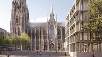 Das Bild zeigt den Blick auf den Kölner Dom und den Roncalliplatz sowie das neu geplante Bürohaus.