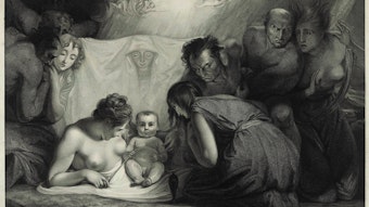 Der Kupferstich von Benjamin Smith nach George Romney von 1799 zeigt Shakespeare als Knaben, umsorgt von Mutter Natur und allegorischen Darstellungen der Leidenschaften. Das Bild ist schwarz-weiß.